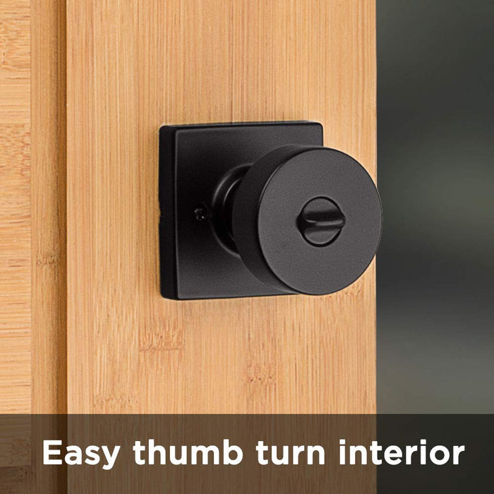 Kwikset Pismo Interior Privacy Door Knob with Lock, Door Handle For Bathroom and Bedroom, Matte Black Keyless Turn Lock Doorknob, with Microban Protection, Square Rose