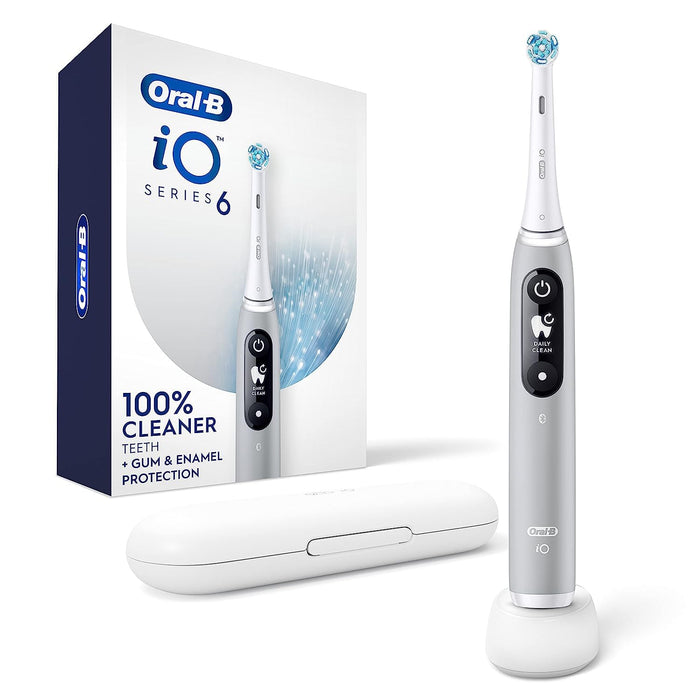 Oral-B iO Series 6 Rechargeable Electric Toothbrush with Visible Pressure Sensor to Protect Gums, 2 Minute Timer, 5 Cleaning Settings, 1 Replacement Toothbrush Head, and Travel Case, Grey Opal