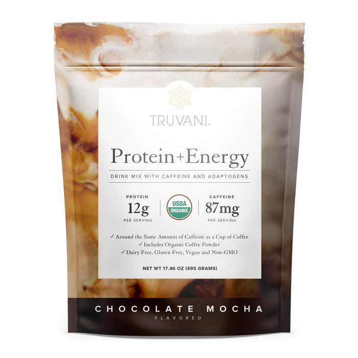 Truvani Protein + Energy Drink Mix with Caffeine & Adaptogens | USDA Certified Organic, Vegan, Non-GMO, & Gluten Free | Chocolate Mocha (20 Servings)