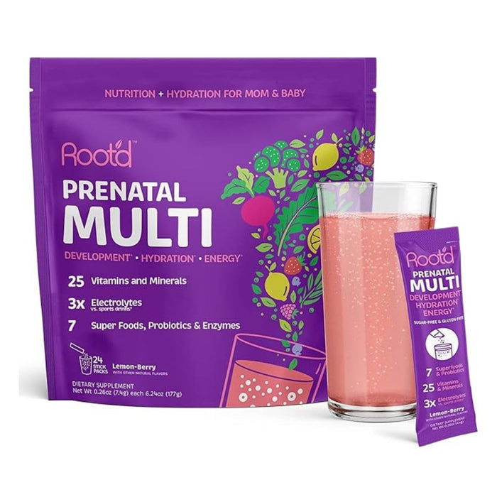 Root'd Prenatal Multivitamin Powder with 3X Electrolytes - 25 Vitamins & Minerals, 3X Electrolytes, Folate, Iron, Vitamin D3, 7 Superfoods & Probiotics, Sugar-Free Vitamins & Hydration | 24 Packets
