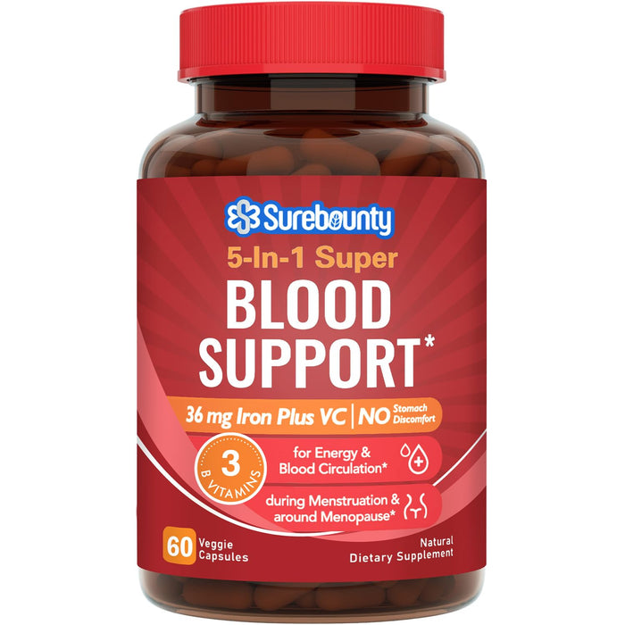 Surebounty Iron Supplement, Iron Bisglycinate with Folate, Vitamin C, B6, B12, 5-in-1 Blood Support, Gentle on Stomach, Once Daily, Vegan, 60 Capsules