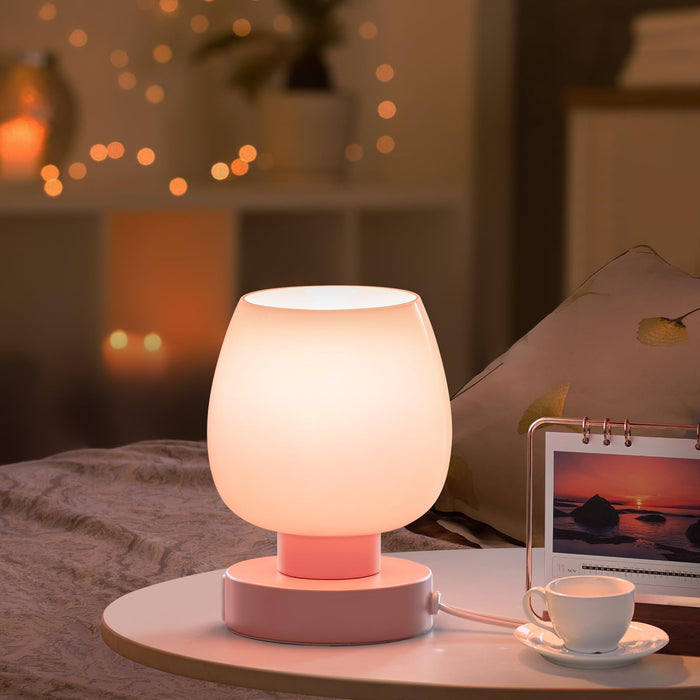 Touch Bedside Table Lamp - Pink Small Lamp for Bedroom with USB C+A Charging Ports 3 Way Dimmable, Nightstand Desk lamp with Glass Lamp Shade Warm LED Bulb Included, Simple Design Christmas