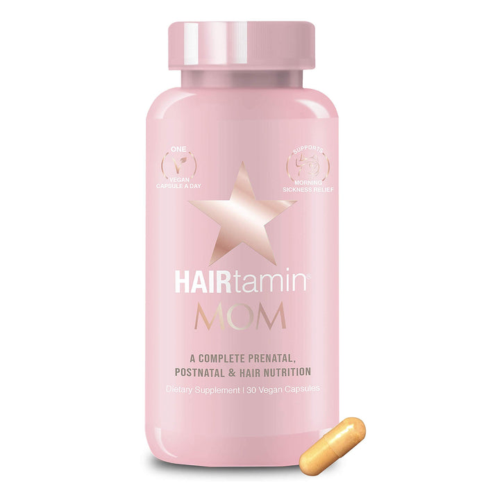 HAIRtamin MOM Vegan Prenatal & Postnatal Multivitamin Supplement & Hair Vitamin Pregnancy, Postpartum, Breastfeeding Probiotic One-a-Day Hair Vitamins with Biotin, Zinc, Iron (30 Counts)