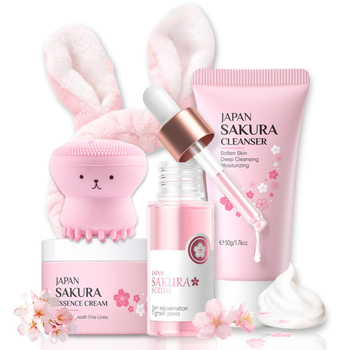 Skincare Set Sakura Teen Girls Gifts Christmas Birthday - Skin Care Set for girls Ages 8-12 - Hydrating Skincare for Teens 10-12 - Travel Size Facial Kit for Women with Cleanser,Bunny Headband（5pcs）