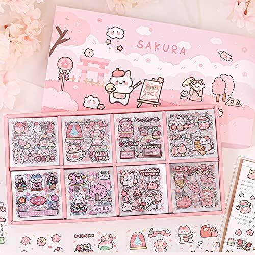 Doraking Waterproof Vinyl Transparent Flower Stickers, Kawaii Stickers for Notebook Laptop Scrapbook Journaling, 200 Sheets Cartoon Cute Stickers Boxed Gifts for Kids Teens Girls Boys