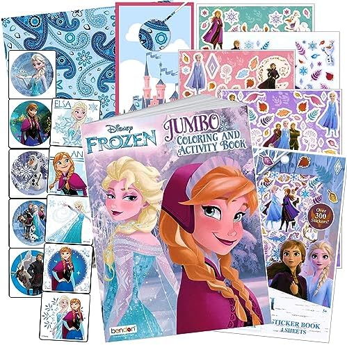 Disney Frozen Coloring Book Set with Frozen Stickers - Bundle Includes Frozen 80-pg Coloring Book, Frozen Stickers, 3-D Puffy Stickers, Castle Door Hanger, in Gift Bag