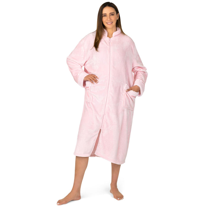 PAVILIA Womens Housecoat Zip Robe, Fleece Zip Up Front Robe Bathrobe, Plush Warm Zipper House Coat Lounger for Women Ladies Elderly with Satin Trim, Pockets, Long Plus Size - Light Pink (2x/3x)