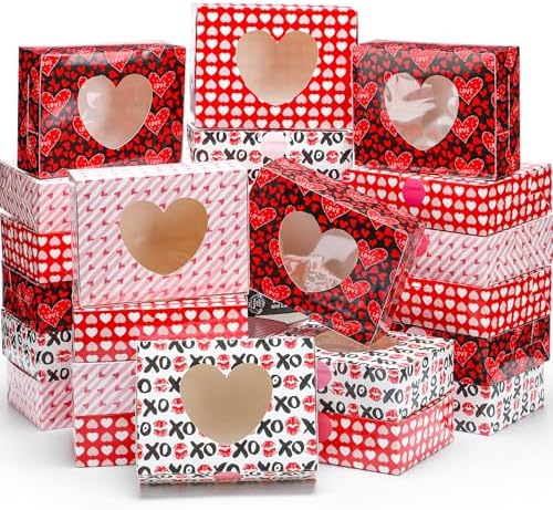 Resholder 60 Pcs Valentine's Day Bakery Cookie Boxes 8 x 6 x 2.5'' Valentines Treat Boxes with Heart Window Cupcake Candy Gift Container Boxes with Sticker for Valentines Party Favors