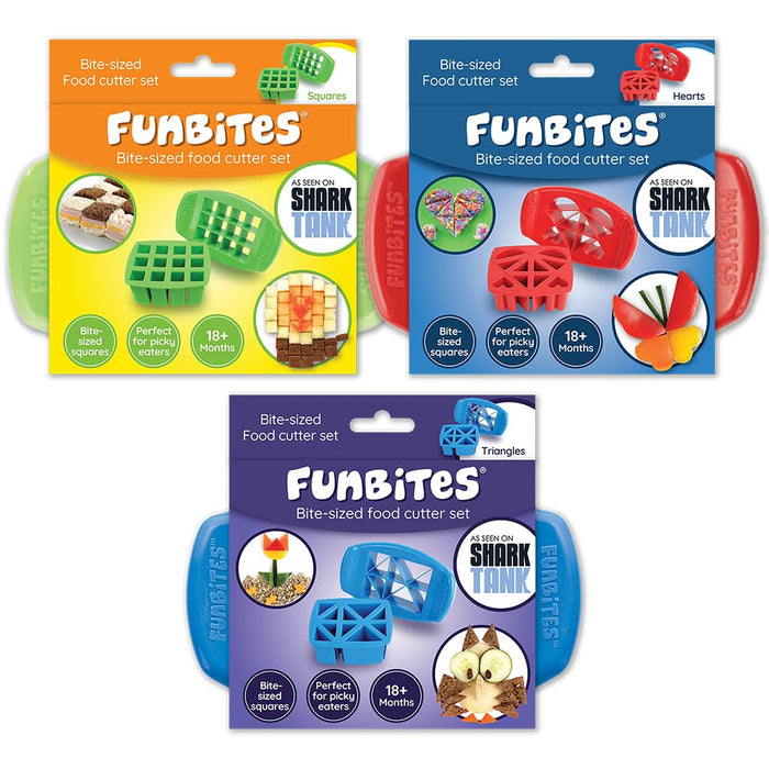 FunBites Food Cutter Set, Green Squares, Red Hearts, Blue Triangles