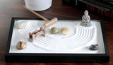 Nature's Mark Mini Zen Garden Kit for Desk with Rake, White Sand, Buddha Figures, Bridge Figure and River Rocks, Black Rectangle Base