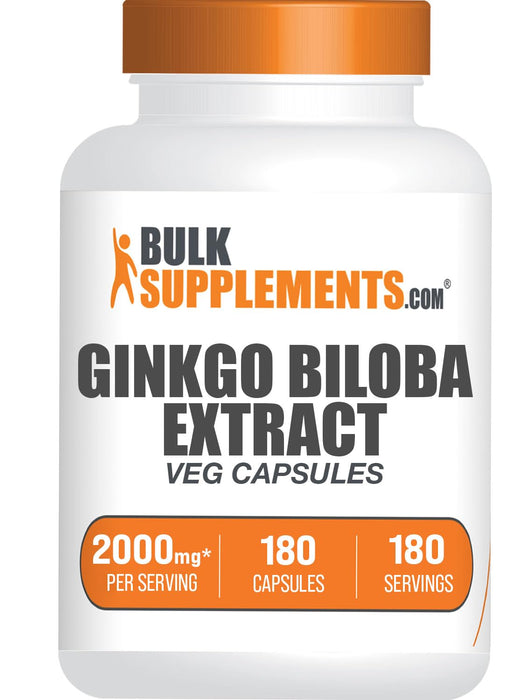 BulkSupplements.com Ginkgo Biloba Extract Capsules - Ginkgo Biloba 2000mg, Ginkgo Biloba Supplements, Ginkgo Biloba Pills - Vegan-Friendly, 1 Capsule per Serving, 180 Veg Capsules