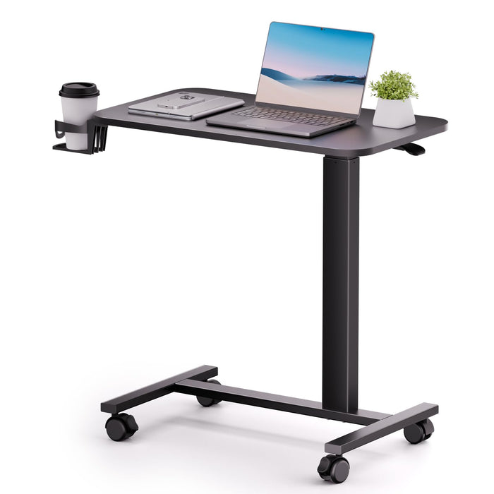 COMHOMA Adjustable Overbed Bedside Table with Lockable Wheels, Pneumatic Mobile Standing Laptop Desk, Small Standing Desk Portable Rolling Overbed Table Hospital Home Use(28" W x 16" D, Black)