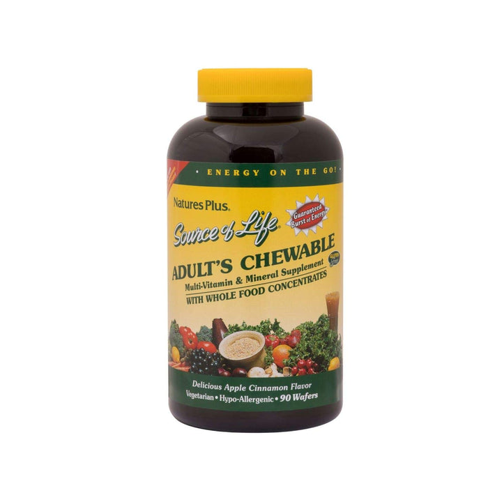 Natures Plus Source of Life Adult Chewable Multivitamin - Apple Cinnamon Flavor - Natural Whole Foods Supplement - Overall Health, Energy - 90 Vegetarian Wafers (45 Servings)