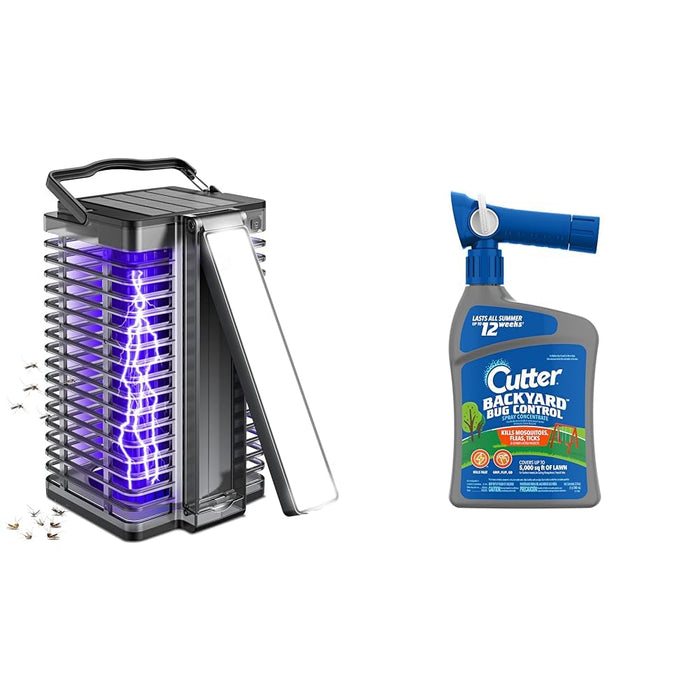 Bug Zapper + Mosquito Repellent Spray - Solar Powered Insect Zapper with 4200V UV Light and Reading Lamp + 32 oz Mosquito Killer for 5000 sq ft