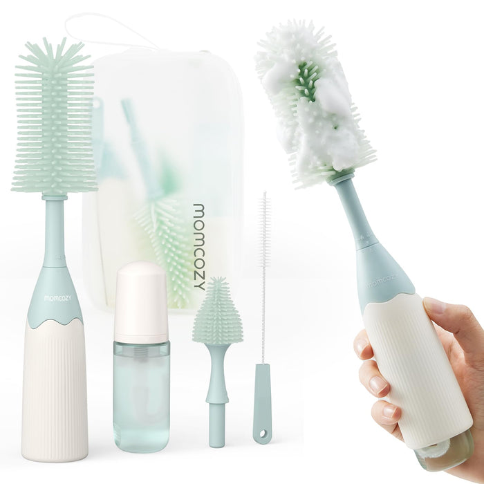 Momcozy Bottle Brush Kit with Push-Press Foam Design - Newborn Essentials Gift, Portable Cleaning Tool for Home & Travel, Baby Bottle Cleaner Brush for Breast Pumps & Nipples, Green
