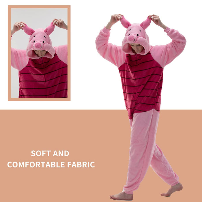 COSUSKET Fitted Unisex Adult Pig Onesie Pajamas, Halloween Flannel Women's Cosplay Animal One Piece Costume Pink