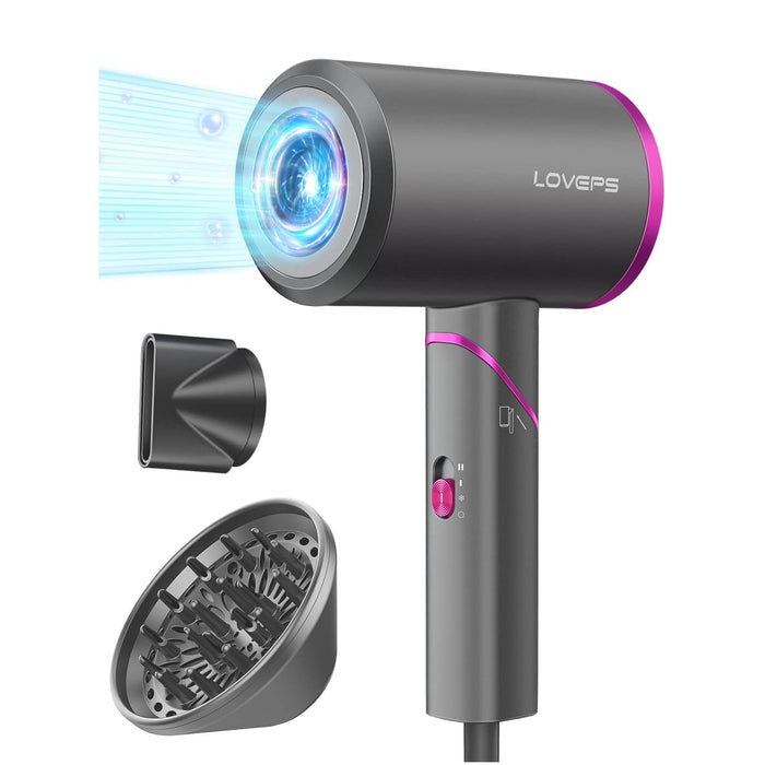 LOVEPS Hair Dryer with Diffuser, 1800W Ionic Travel Blow Dryer, Foldable Handle, Constant Temperature Hair Care Without Hair Damage, Purple