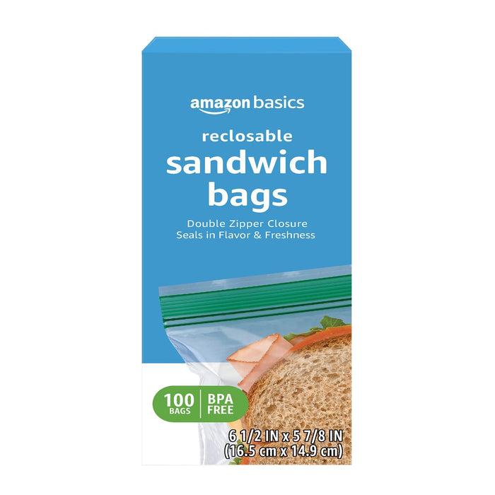 Amazon Basics Reclosable Sandwich Double Zipper Storage Bags, 100 Count, Pack of 1