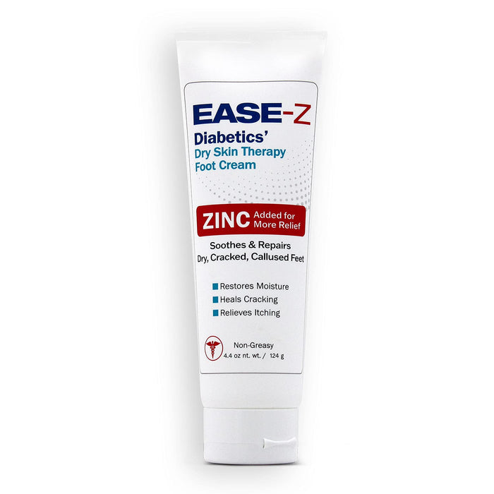 EASE-Z Diabetic Foot Cream. Clinically Proven Ingredients and ZINC Relieve Dry, Cracked, Callused Feet and Hands. Soothes Pain and Burning. Shea Butter moisturizes. Fast-Acting, Long-Lasting. 4.4 oz.