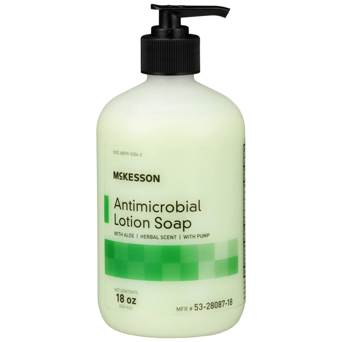 McKesson Antimicrobial Lotion Soap with Pump, Aloe, Herbal Scent, 18 oz, 12 Count