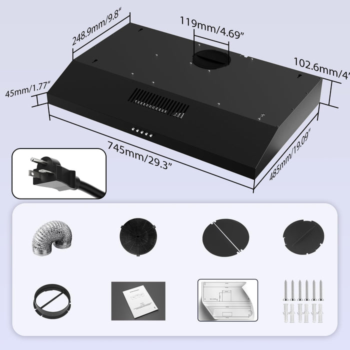 Argyolas 30 Inch Under Cabinet Range Hood, Ductless Oven Hood Vent Convertible to Ducted, Kitchen Stove Extractor with Charcoal Filter and Foil Pipe