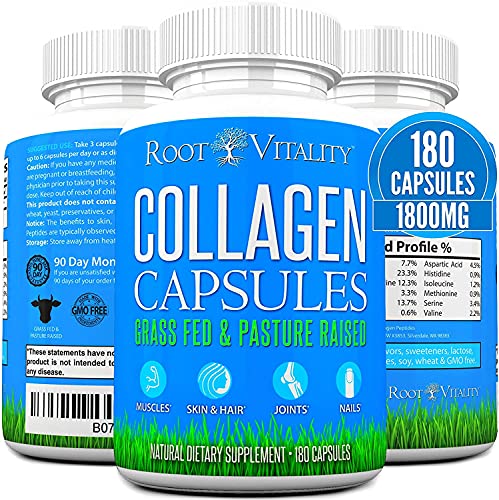 Root Vitality Collagen Peptides Capsules - Grass-Fed, Pasture-Raised Hydrolyzed Protein Supplement for Skin, Hair, & Nails - Non-GMO, Zero Sugar Daily Pills for Men & Women (180 Capsules)