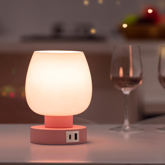 Touch Bedside Table Lamp - Pink Small Lamp for Bedroom with USB C+A Charging Ports 3 Way Dimmable, Nightstand Desk lamp with Glass Lamp Shade Warm LED Bulb Included, Simple Design Christmas