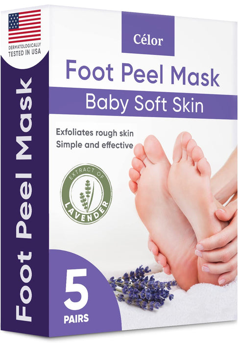 Foot Peel Mask (5 Pairs) - Foot Mask for Baby Soft Skin - Remove Dead Skin, Dry, Cracked Feet & Callus, Foot Spa, Made with Aloe Vera Extract for Women and Men Feet Peeling Mask Exfoliating, Lavender