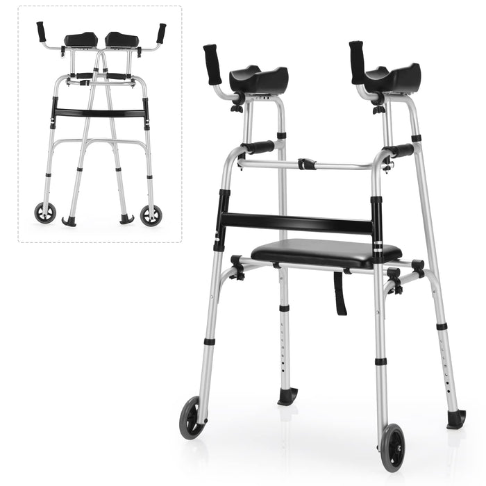 Goplus Folding Walker for Seniors, Lightweight Standard Walker with 5’’ Wheels, Seat and Arm Rest Pad, Height Adjustable Platform Walker, Standing & Walking Mobility Aid for Elderly Handicap Disabled