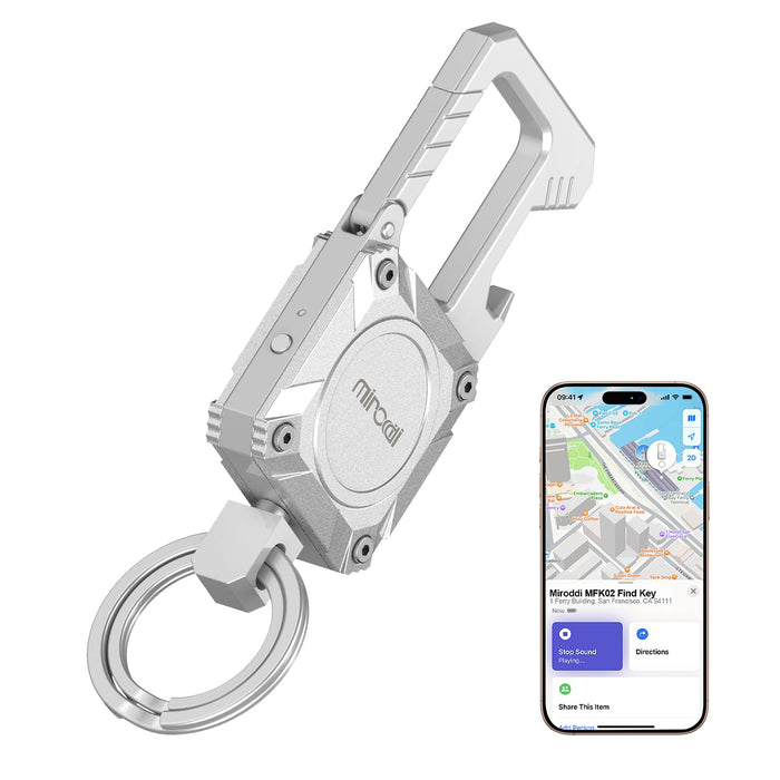 Miroddi Car Keychain with Tracker Key Chain Works with Apple Find My App (iOS Only), Heavy Duty Key Carabiner with Bottle Opener, Key Finder, GPS for Key, Anti-lost Key Finder, Rechargeable, Silver