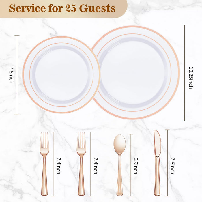 BESTVIP 150PCS Rose Gold Plastic Plate Set (25 Guests), Plastic Plates for Party Wedding Birthday, Disposable Dinnerware Set of 50 Plastic Plates, 50 Forks, 25 Spoons, 25 Knives