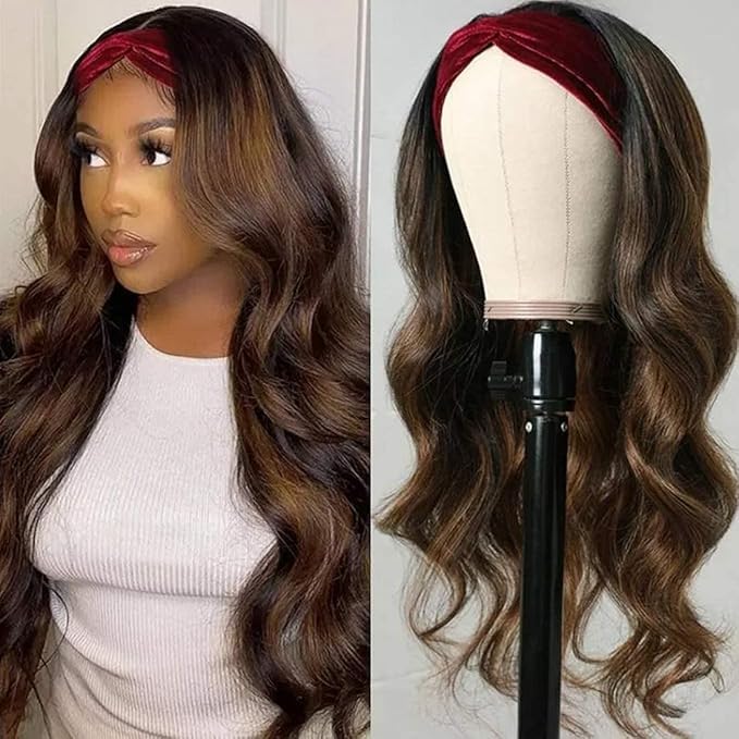 Headband Wig Human Hair Body Wave Headband Wigs for Black Women human hair Blonde Wig 4/27 Highlight Wear and Go Glueless Wig 100% Brazilian Virgin Human Hair Headband wig 150% Density(24inch)
