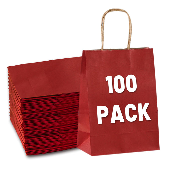 Gift Bags 8.25"x5.9 "x3.15" 100Pcs Paper Bags with Handles,kraft paper Bags for Small Business Christmas Bulk Bags, Wedding Party Favor Bags,Shopping Lunch Bags, Halloween Trick-or-Treat Bags (Red)