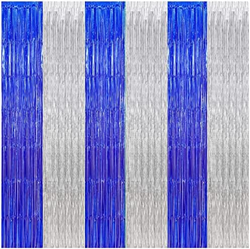 Graduation Backdrop Curtain 2025, Blue Silver Party Decorations Metallic Tinsel Foil Fringe Curtains Photo Booth Streamer Background for Birthday Wedding Party Christmas Decor(3 Pack)