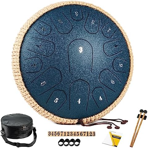 Steel Tongue Drum - 13 Inches 15 Notes Tongue Drum - Hand Pan Drum with Music Book, Handpan Drum Mallets and Carry Bag, D Major (Navy Blue)