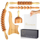 Ethically Sourced Wood Therapy Massage Tools - Curved Massage Roller, Lymphatic Drainage Paddle, Cube Massage Stick Roller, Straight Roller Stick, & Cup Massager - Body Relaxation Maderotherapy Kit