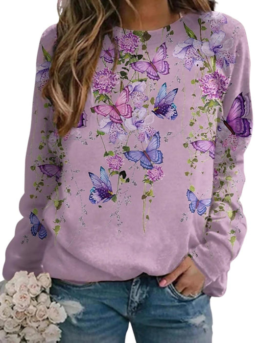 Fronage Elderly Women's Butterfly Graphic Long Sleeve Shirt Tops Crewneck Casual Sweatshirt Vintage Landscape Print Pullover Light Purple, S