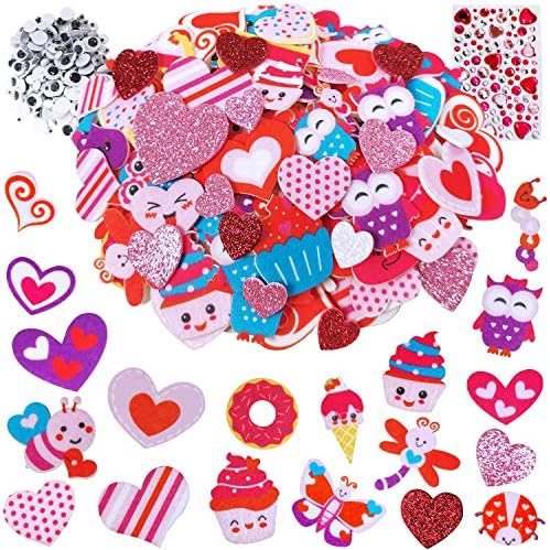 Winlyn Assorted Valentine's Day Stickers Embellishments Craft Smile Face Heart Cupcake Owl Bee Sweet Shaped Cutouts Felt Stickers Glitter Heart Foam Stickers for Kids Scrapbooking Cards Decoration