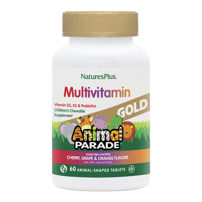 Natures Plus Animal Parade Source of Life Gold Children's Chewable Multivitamin - Assorted Cherry, Orange & Grape Flavors - 60 Chewable Tablets - Vegetarian, Gluten-Free - 30 Servings