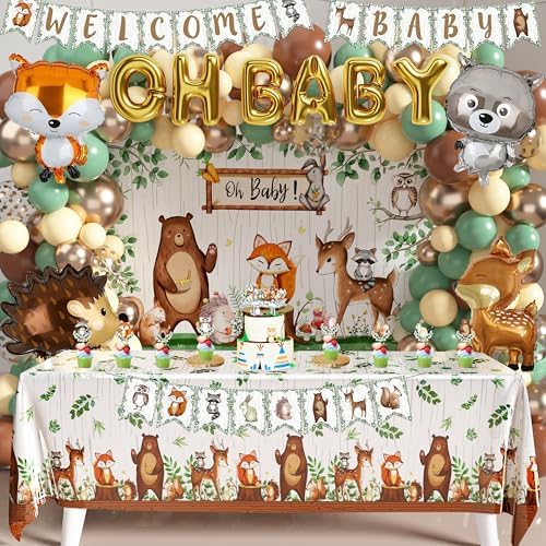 Woodland Animals Baby Shower Decoration Pack Forest Animal Neutral Gender Reveal Party Supplies Woodland Themed Birthday Party Ideas Set 106 Pcs Backdrop, Tablecloth, Cake Toppers, Balloons (Woodland)