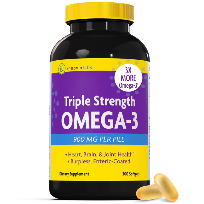 InnovixLabs Triple Strength Omega 3 Supplement, Burpless Fish Oil for Women and Men - 900 mg EPA & DHA, Brain & Joint Support, Award Winning & Third-Party Tested, 200 Softgels