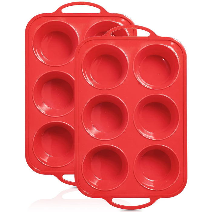 Foepoge 2 Pack Jumbo Silicone Muffin Pan with Metal Frame, Non-stick Large Silicone Cupcake Pan with Handles 6 Cup, Silicon Muffin Tin Tray for baking, egg bites, Cupcake Mold, BPA Free Red