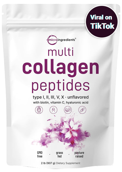 Micro Ingredients Multi Collagen Protein Powder, 2 Pounds – Type I,II,III,V,X with Biotin, Hyaluronic Acid, Vitamin C – Unflavored Collagen Peptides – Keto & Paleo Friendly, Easy Dissolve, Non-GMO