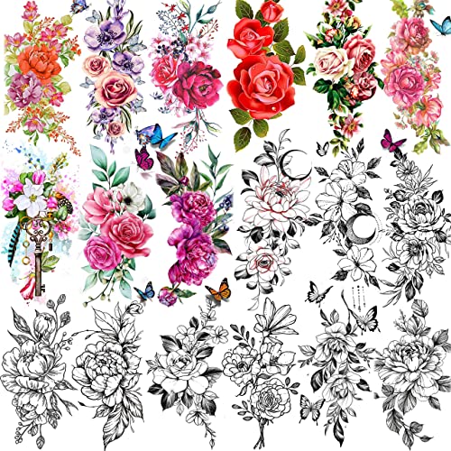 18 Sheets Sexy Flower Rose Temporary Tattoos For Women Girls Adults, Women Body Art Fake Arm Tattoo Stickers, Waterproof Moon Butterfly Black Floral Tattoo Temporary Orchid Dahlia Neck Tatoos