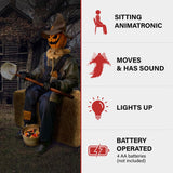 Haunted Hill Farm Motion-Activated Smiling Jack The Shovel-Wielding Sitting Scarecrow by Tekky, Talking Jump-Scare Halloween Animatronic, Plug-in or Battery Operated Halloween Decorations