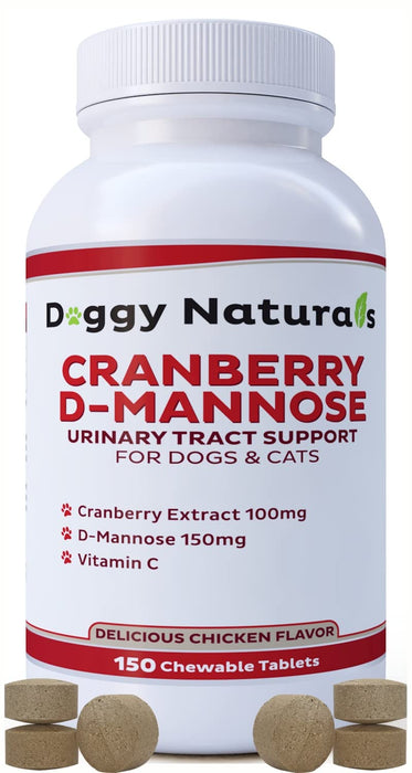 Cranberry D-Mannose for Dogs and Cats Urinary Tract Infection Support Prevents and Eliminates UTI, Bladder Infection Kidney Support, Antioxidant (Single Strength Tablet, 150 Count)