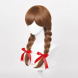 Long Brown Braided Wig for Women Girls with Red Ribbons, Brown Princess Wig with Bangs Pigtails + Wig Cap for Halloween Costume Cosplay