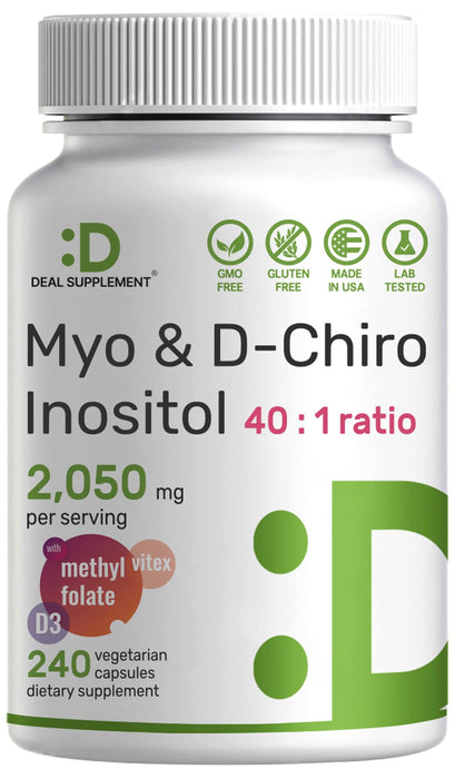 Myo-Inositol & D-Chiro Inositol Supplement (40:1) 2,050mg Per Serving, 240 Veggie Capsules – with Folate, Vitamin D3, & Vitex Complex – Women Health Supplements – Non-GMO