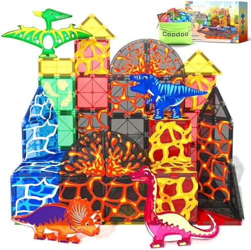 Dinosaur Toys Magnetic Tiles Lava Dinosaur World Set - Magnetic Blocks Building Toys for Kids 3-5 5-7 Girls Boys Toys Age 4-6 6-8, Classroom Must Haves Toddler Sensory Toys for 3+ Year Old Kids Toys