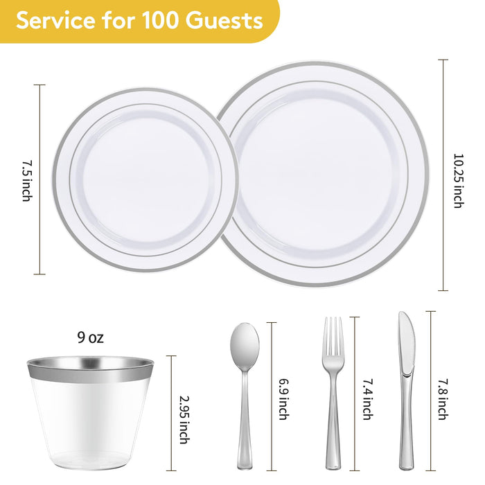 Goodluck 600 Piece Disposable Silver Plates for 100 Guests, Plastic Dinnerware Set of 100 Dinner Plates, 100 Salad Plates, 100 Spoons, 100 Forks, 100 Knives, 100 Cups, Plastic Plates for Party